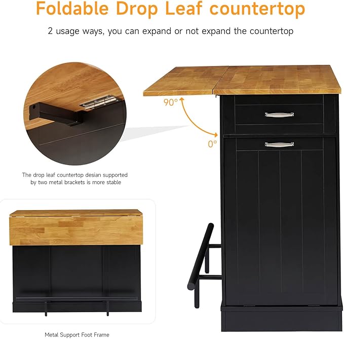 ONBRILL Stationary Kitchen Islands Include 2 Chairs, 47" Kitchen Island with Drop Leaf, Home Bar Table with Spice Rack & with Trash Cabinet, Island Table for Dining Room with Power Outlet, Black