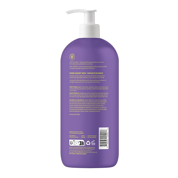ATTITUDE Shampoo and Body Wash for Kids, EWG Verified Hair and Body Cleanser, Dermatologically Tested Soap, Plant and Mineral Based Bath Products, Vegan, Vanilla and Pear, 32 Fl Oz