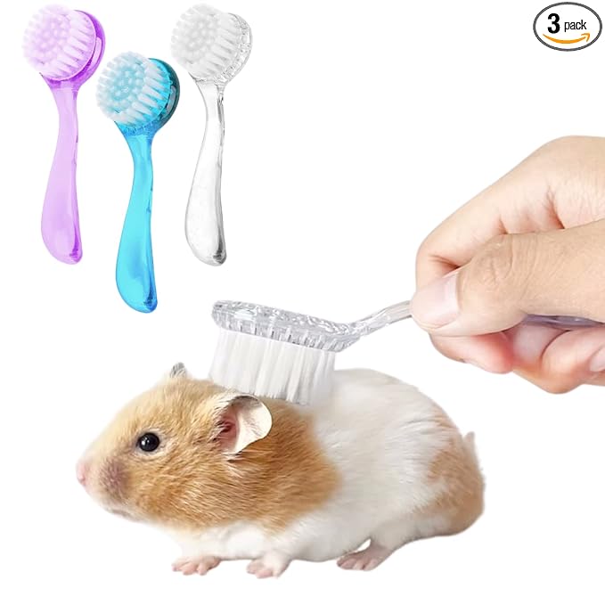 3 Pack Small Animal Grooming Brush - Hair Brush with Lid Soft Cleansing Bristles for Hamster Guinea Pig Rabbit Chinchilla Ferret Massage Combs Cleaning Supplies (3 Pack, White+Purple+Blue)