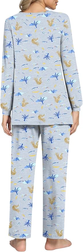 Anyally Women's Plus Size Pajama Sets Ladies Fall Pjs 2 Pieces Lounge Outfits V Neck Long Sleeves Sleepwear with Pockets