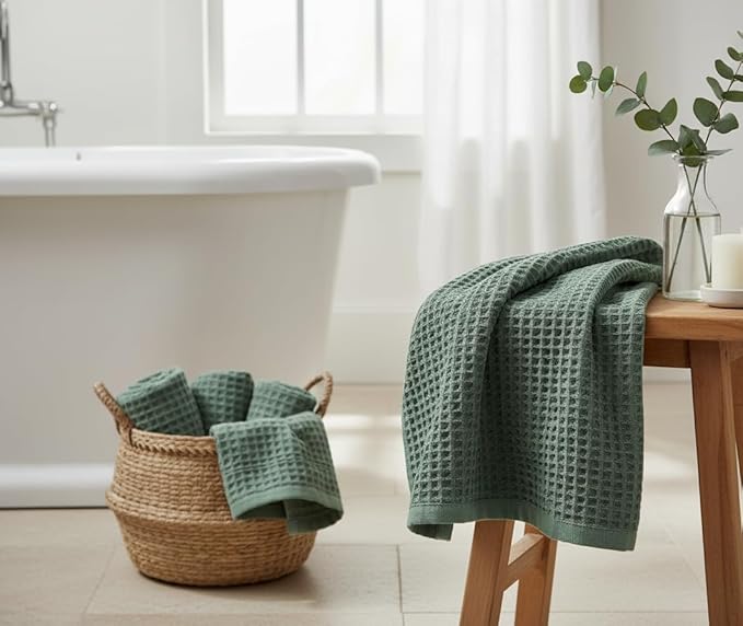DEMMEX Organic Cotton Waffle Weave Turkish Towel Set for Bathroom, 100% OEKO-TEX Certified Super Soft Turkish Cotton, Lightweight & Quick Dry, 1 Bath & 2 Large Hand Towels, 30x60/20x30 in., Sage Green