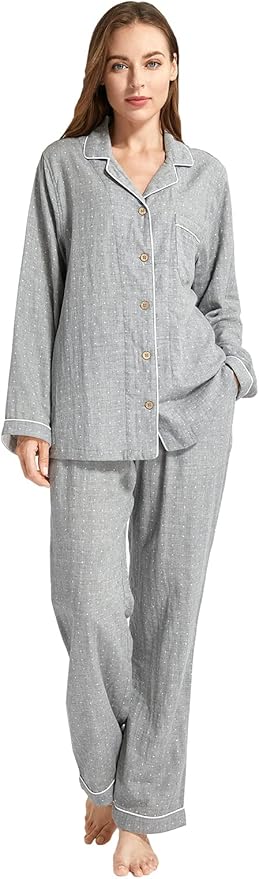 Womens Pajama Sets 100% Double Gauze Cotton Linen Like Muslin Pajamas Long Sleeve Button Down Sleepwear Soft Pjs Lounge Set