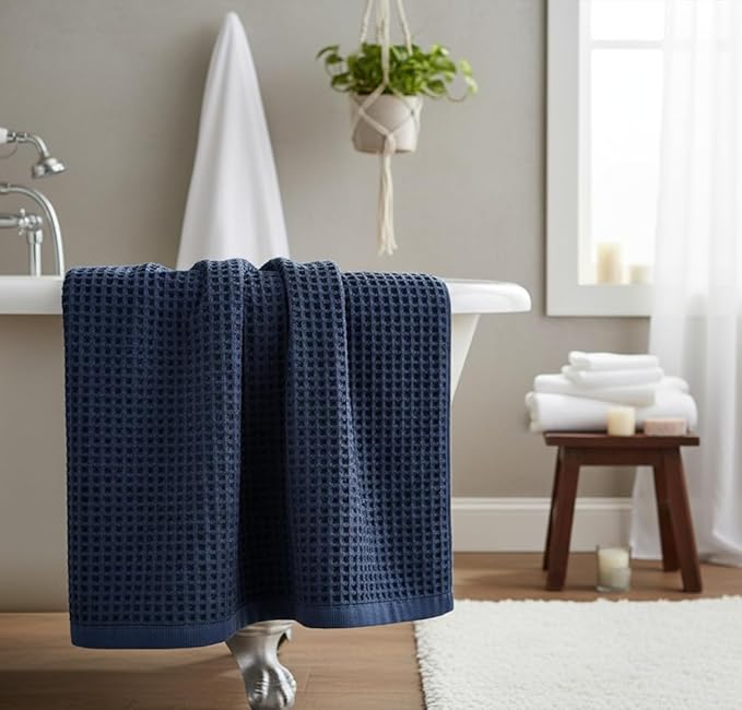 DEMMEX Organic Cotton Waffle Weave Turkish Towel Set for Bathroom, 100% Oeko-TEX Certified Super Soft Turkish Cotton, Lightweight & Quick Dry, 1 Bath & 2 Large Hand Towels, 30x60/20x30 in., Navy Blue