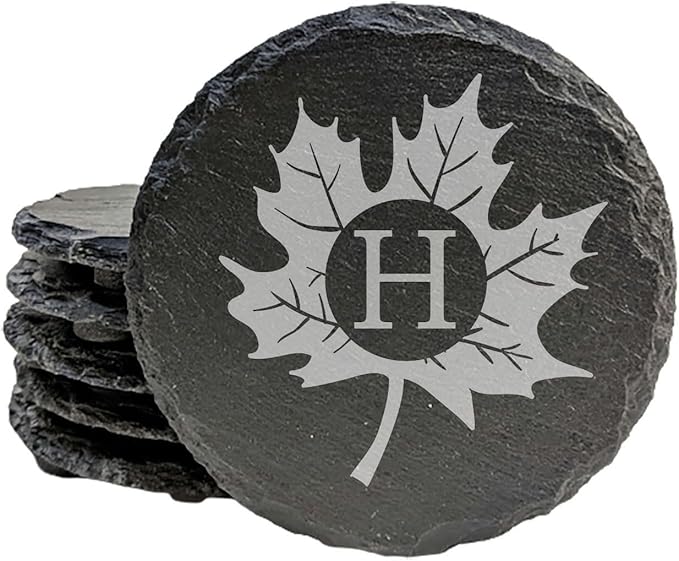 Personalized Monogram Family Coasters, Natural Stone Set, Birthday, Wedding, Customized, Rustic - Round Slate - Set of 8