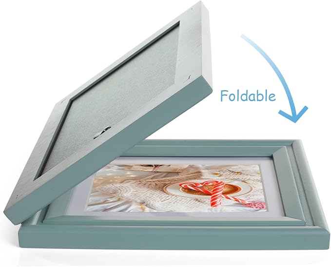 5X7 Double Wooden Hinged Picture Frame Vertical and Horizontal in Teal Blue, Display 4x6 with Mat or 5x7 without Mat, Folding Photo Frame with Real Glass Front for Tabletop X2-LAN-SH57