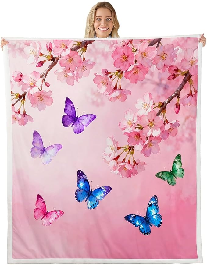 Feelyou Girls Pink Butterfly Fleece Throw Blanket Twin 60"x80" Kids Cherry Blossom Sherpa Blanket Plush Fuzzy for Bed Couch Chair Living Room, Floral Flower Bed Blanket Room Decor