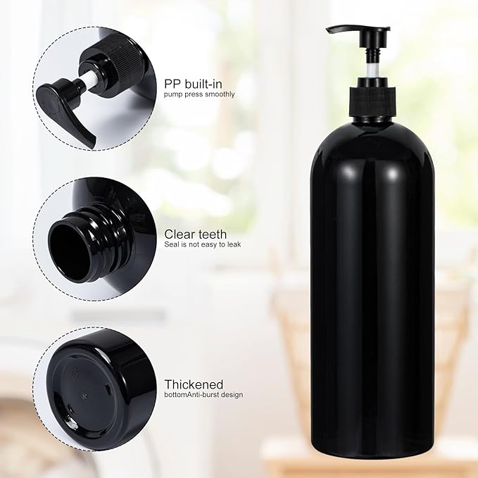 Yebeauty Pump Bottle Dispenser, 33.8oz 1000ml Empty Plastic Shampoo and Conditioner Dispenser, Refillable Shower Soap Dispenser Pump Bottle Containers for Bathroom Kitchen Home, 2 Pack Black