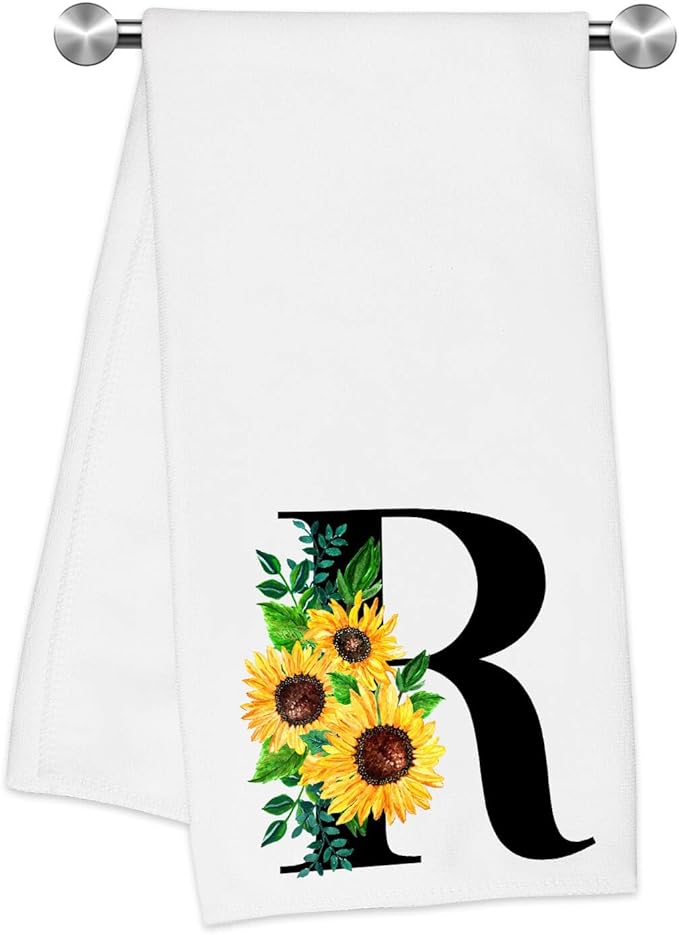 Monogrammed Sunflower Hand Towels,Ini-tial R Tea Towel Letter Kitchen Towels,Sunflower Gifts for Women,Monogram Dish Towel 17x23 Inch,Kitchen Bathroom Decorative Ini-tial Gifts for Mom Wife