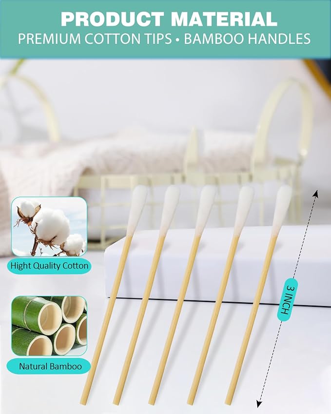 Bamboo Cotton Swabs with Plastic Holder, 200 Count (3 Inch) – Eco-Friendly Biodegradable Cotton Buds for Makeup, Pet Ear Care, Household Cleaning & Travel Storage Jar