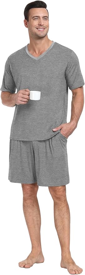PrinStory Men's Pajama Set Sleepwear Pjs Lightweight Quick Dry Short Sleeve V-Neck Shirts and Shorts Soft Comfy Sleep Sets