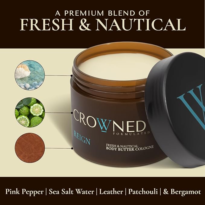 Crowned Skin Reign Cologned Body Butter | Fresh & Nautical Scent | Blended with Pink Pepper & Bergamot | Infused with Organic Shea & Mango Butters | Moisturizing Formula with All-Day Fragrance | 4.4oz