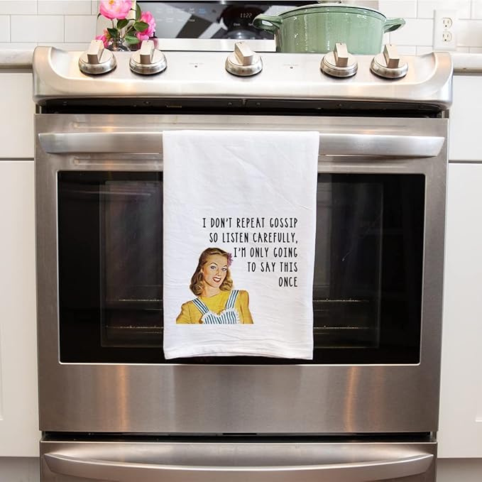 Andaz Press Funny Retro Kitchen Towel, Flour Sack Tea Towel, I Don't Repeat Gossip So Listen Carefully, Funny Birthday for Mom, Daughter, Grandma, Sister, Friend, Women, Gag Gift