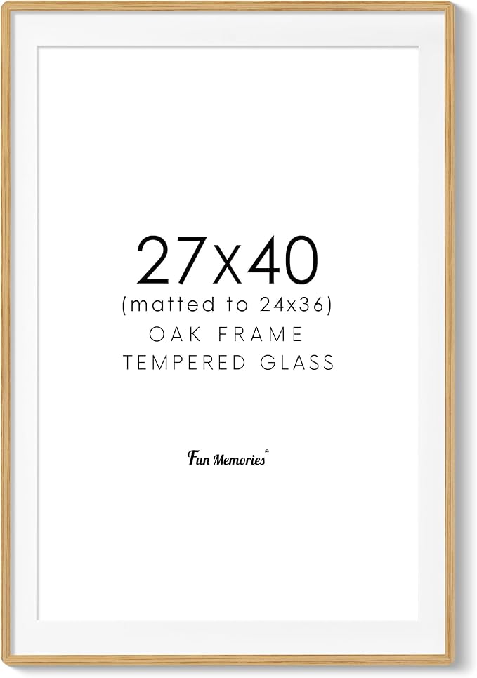 27x40 Picture Frame, 27 x 40 Poster Frame - Solid Oak Wood, 27 by 40 Frame with Tempered Glass, 27"x40" Wood Frame with Mat for 24"x36", Minimalist 27x40 Frames for Wall, Natural Oak Color, 1 Pack