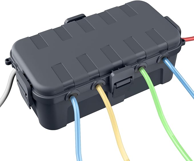 QUOBAS Outdoor Waterproof Electrical Box with 6 Cable Ports, IP54 Weatherproof Heavy-Duty Extension Cord Cover for Power Strips, Garden Power Tools, Holiday Lights, Gray