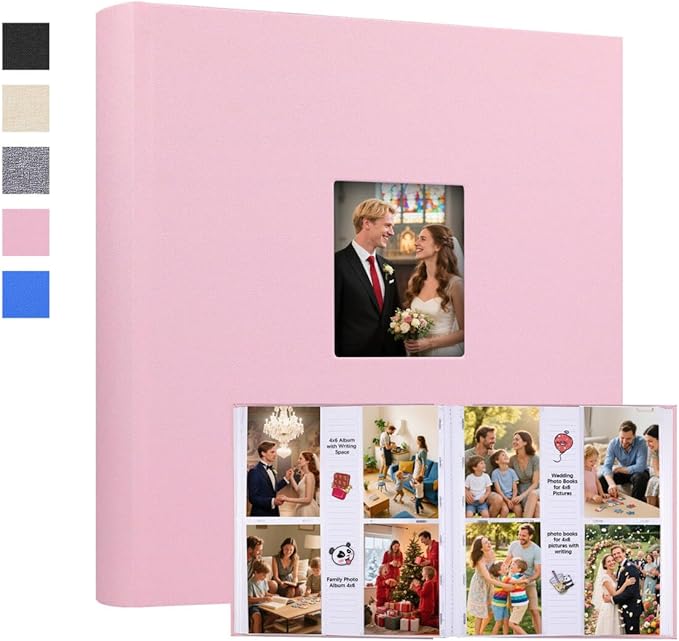 Photo Album 4x6 600 Photos with Writing Space Linen Cover with Front Window Picture Album, 600 Photos 4x6 Photo Album Book for Wedding Kids Travel Family Baby Pictures (Pink)