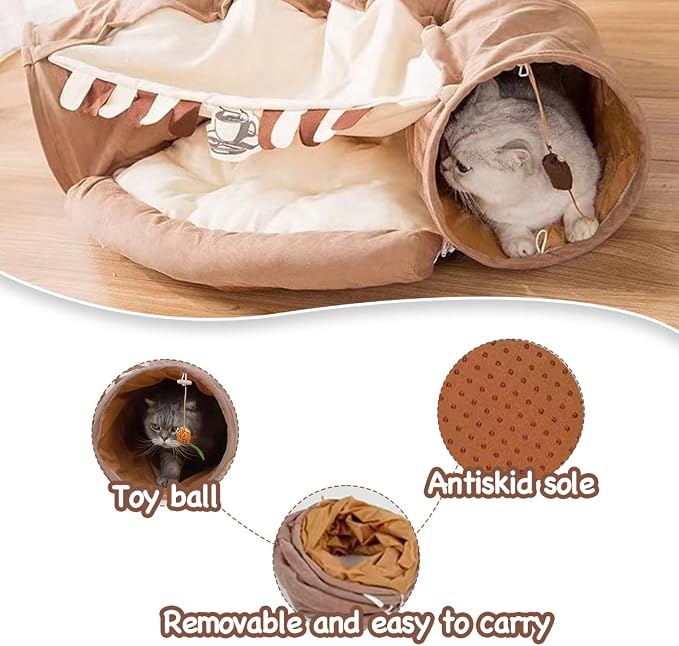 EAEDMY Cat Rabbit Tunnel Bed Nest for Cats Indoor, with Collapsible Washable Soft Cushion, Plush Ball and Exercise Wheel Tube, Fit for Puppy Bunny Kitty Kitten Ferret(2.Coffee)