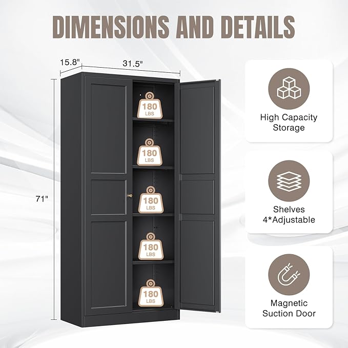 Yizosh Metal Storage Cabinet with 2 Doors and 5 Adjustable Shelves - 71" Black Kitchen Pantry Storage Cabinet, 5-Tier Tall Steel Cabinet Locker for Kitchen, Living Room, Dining Room