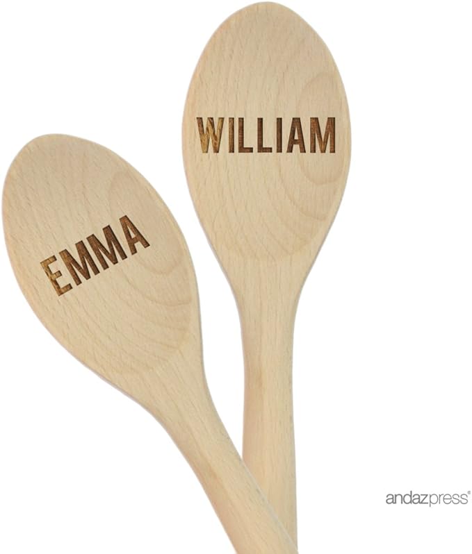 Andaz Press Personalized Laser Engraved Wooden Mixing Spoon, 12-inch, Bold Names, 2-Pack, Custom Bride and Groom Names