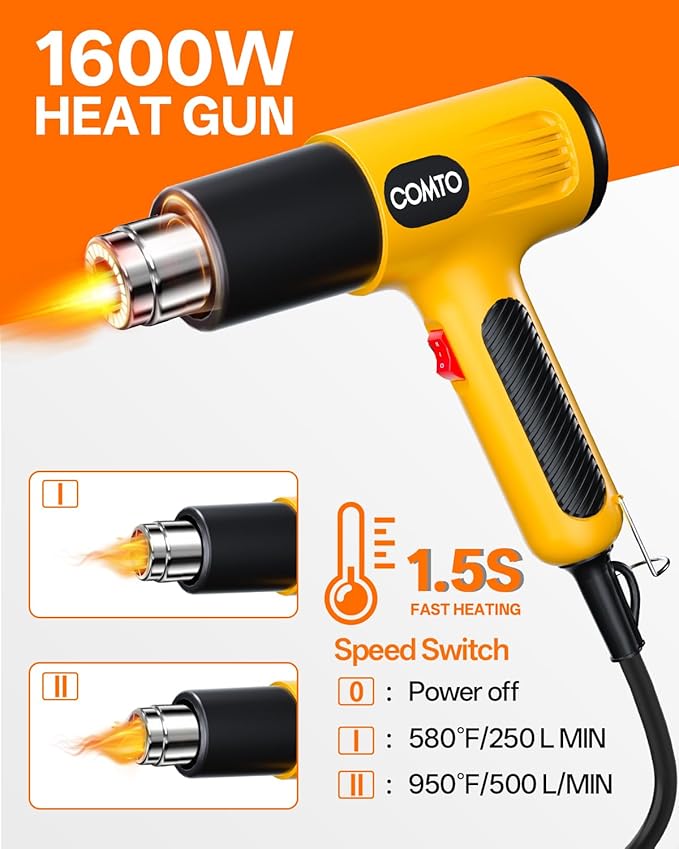 1600W Heat Gun, Hot Air Gun with 2 Temp Settings, 4 Nozzles, Overheat Protection, for Shrink Tubing, Shrink Wrap, Crafting, Resin, and DIY Projects - Yellow