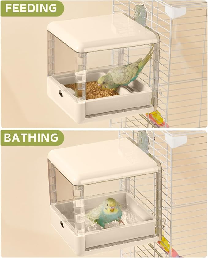 septillar Bird Feeder and Bath for Cage, Hanging Bird Bathtub Bath Shower Box Bowl, Bird Cage Accessories Suitable for Small Medium Birds, Parrots, Lovebirds, Finches, Parakeets, Mannikin (White)