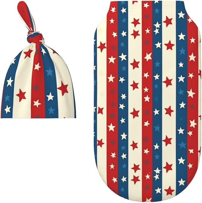 Newborn Swaddle Blankets and Hat Set Soft Cotton Baby Swaddle Wrap Warm Infant Receiving Blanket Flag Star