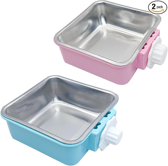 kathson Crate Dog Bowl, Removable Stainless Steel Hanging Pet Kennel Cage Bowl Food & Water Feeder Coop Cup for Puppy, Cat, Rabbit,Guinea Pigs 2pcs Large Square(Blue,Pink)