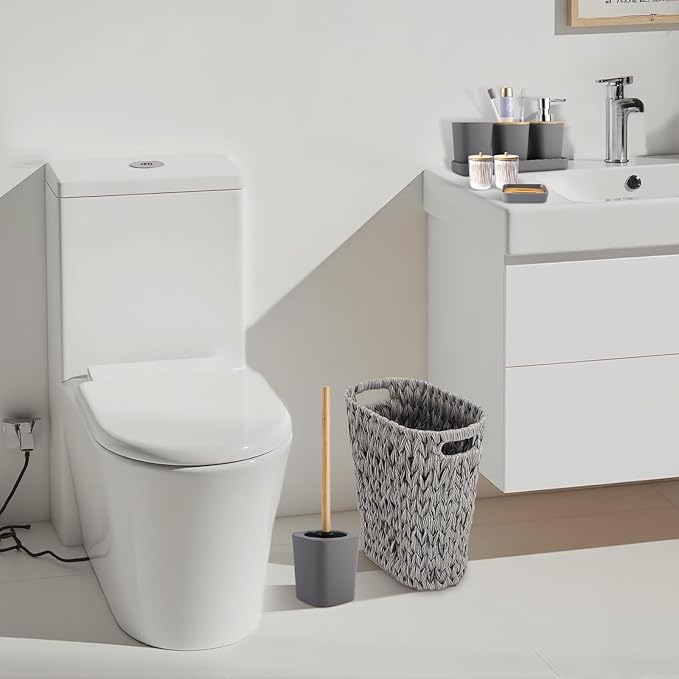 Grey Bathroom Accessories Set with Wicker Trash Can Shower Curtain and Rugs,Bathroom Sets Small Waste Basket Bathroom Trash Can for Bedroom Bathroom