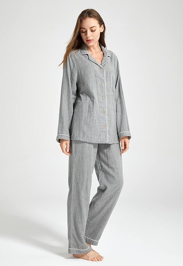 Womens Pajama Sets 100% Double Gauze Cotton Linen Like Muslin Pajamas Long Sleeve Button Down Sleepwear Soft Pjs Lounge Set