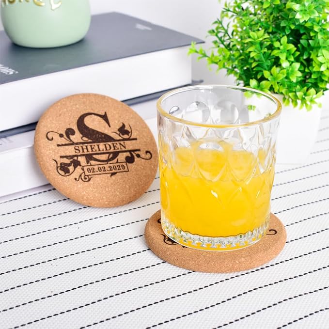 Personalized Cork Coasters for Drinks, Custom Engraved Absorbent Heat & Water Resistant Coasters for Cups and Mugs (S)
