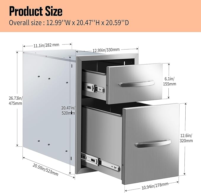 Outdoor Kitchen Drawers Stainless Steel 13W x 20.5H x 21D, Flush Mount Double BBQ Island Drawers with Handle for Outdoor Kitchens, Patio or Grill Station