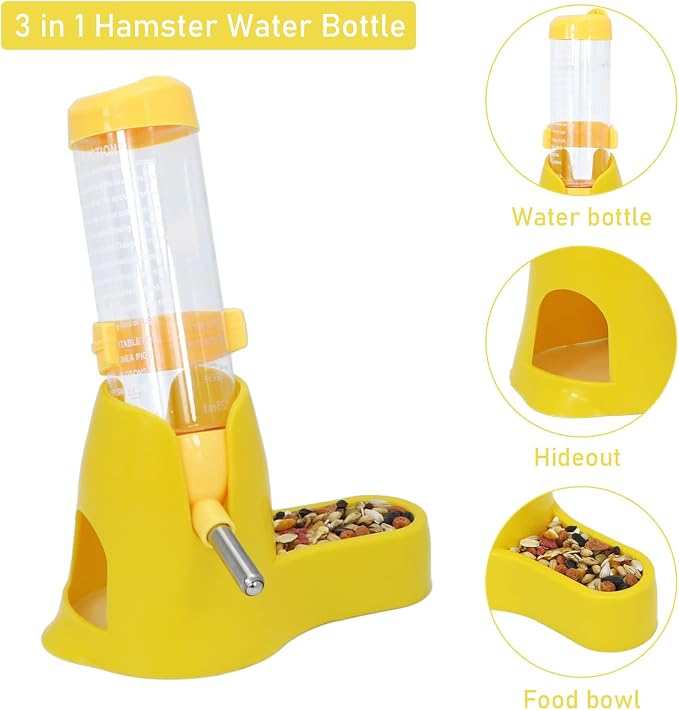 Wontee 3 in 1 Hamster Water Bottle with Food Bowl Hideout Base 125ML Yellow | Water dispenser, food container, hideout, stable base, easy to refill, for glass tank/cage, dwarf hamster/mouse/gerbil, 4.2oz