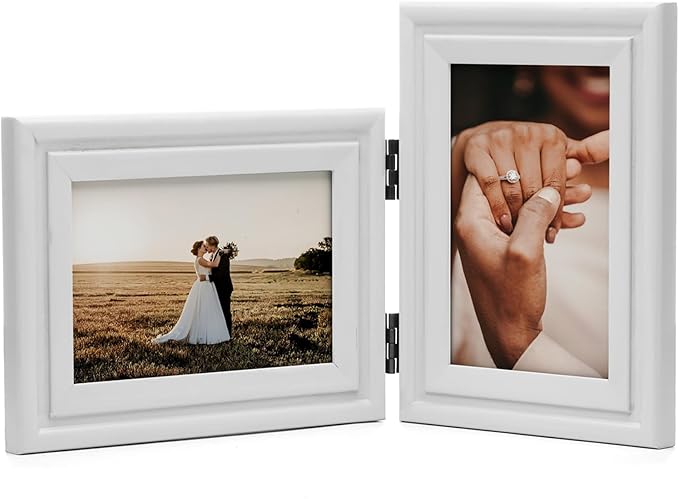 Horizontal & Verticall 4X6 Picture Frames Double Hinged Wood Folding Photo Frames with Real Glass Front Fit for Desktop or Tabletop, White XBAI-H64-V46