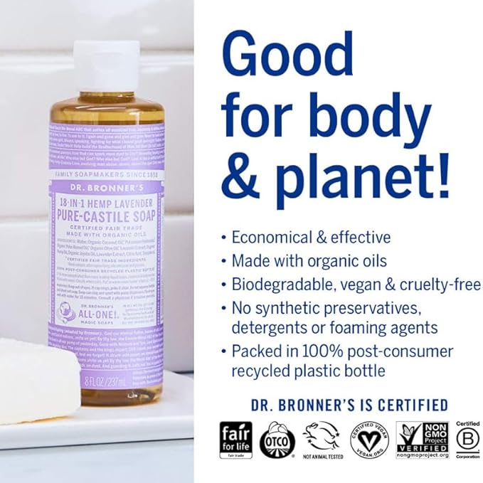 Dr. Bronner's Magic Soap-Pure-Castile Liquid Soap (Lavender, 8 ounce)-Regenerative Organic Certified Oils, 18-in-1 Uses: Body, Hair, Laundry, Pets & Dishes, Concentrated, Vegan, Non-GMO