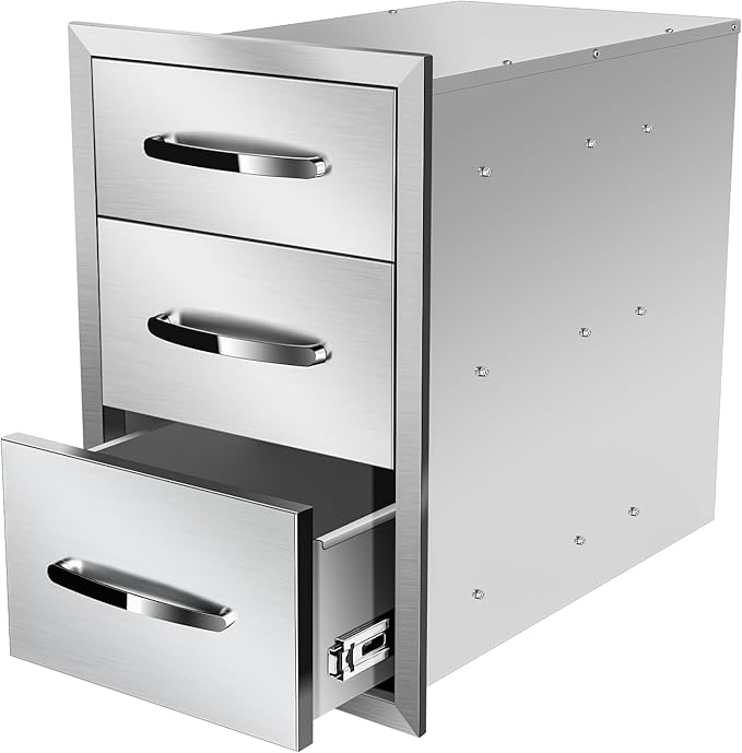 Outdoor Kitchen Drawers Stainless Steel 14W X 21H X 21D Inch, Flush Mount Triple BBQ Island Drawers with Handle for Outdoor Kitchens, Patio or Grill Station