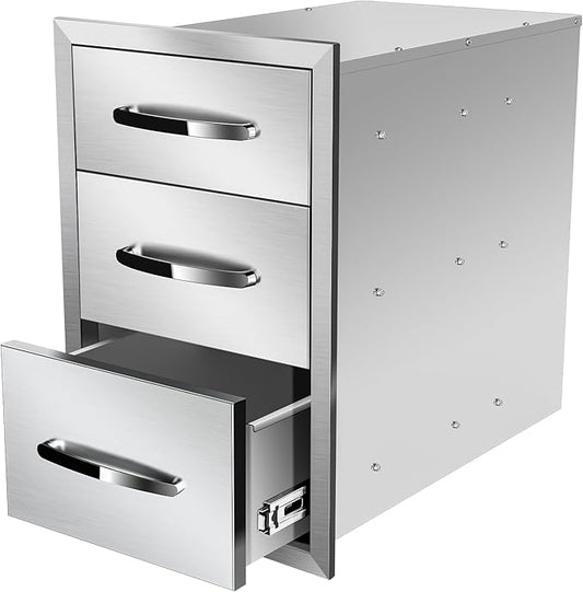 Outdoor Kitchen Drawers Stainless Steel 14W X 21H X 21D Inch, Flush Mount Triple BBQ Island Drawers with Handle for Outdoor Kitchens, Patio or Grill Station
