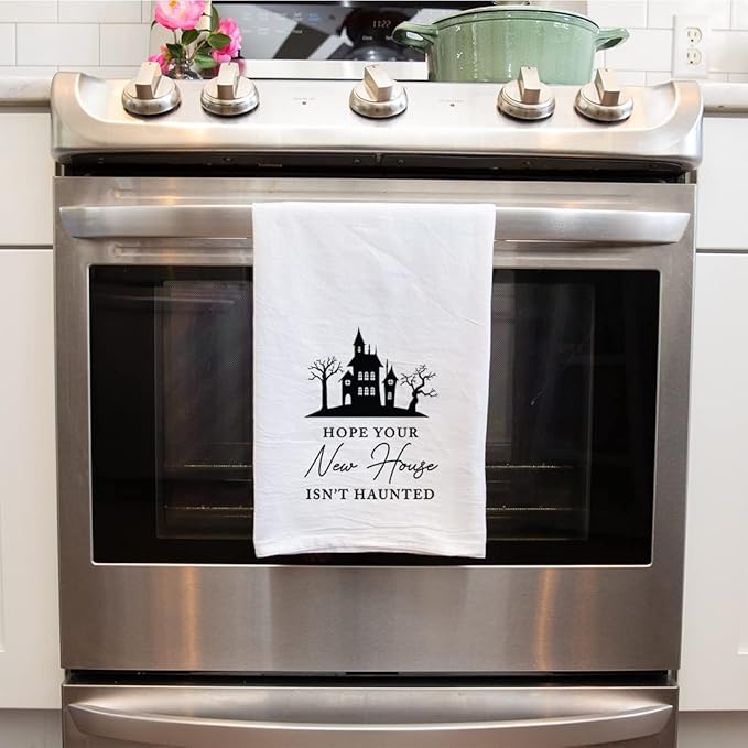 Andaz Press Funny Kitchen Towel, Flour Sack Tea Towel, Hope Your New House Isn't Haunted, Kitchen Gifts, Birthday Housewarming Gifts for Couples, Host, Hostess Kitchen Decor, Hand Towel, Dish Towel