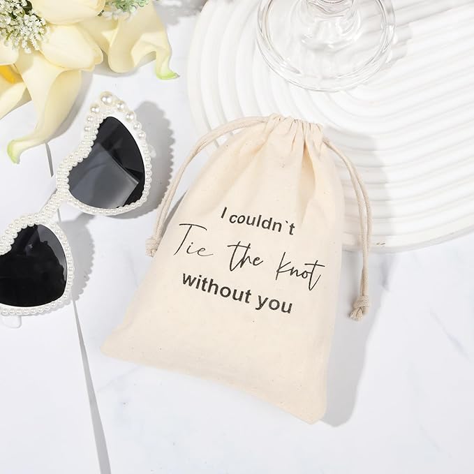 CEELGON 8 Pcs Drawstring Jewelry Pouch Bridesmaid Gift Bags Linen Cotton Fabric Wedding Bridal Party Favor Bags Bachelorette Tie The Knot Earring Packaging Proposal Gift (Natural)