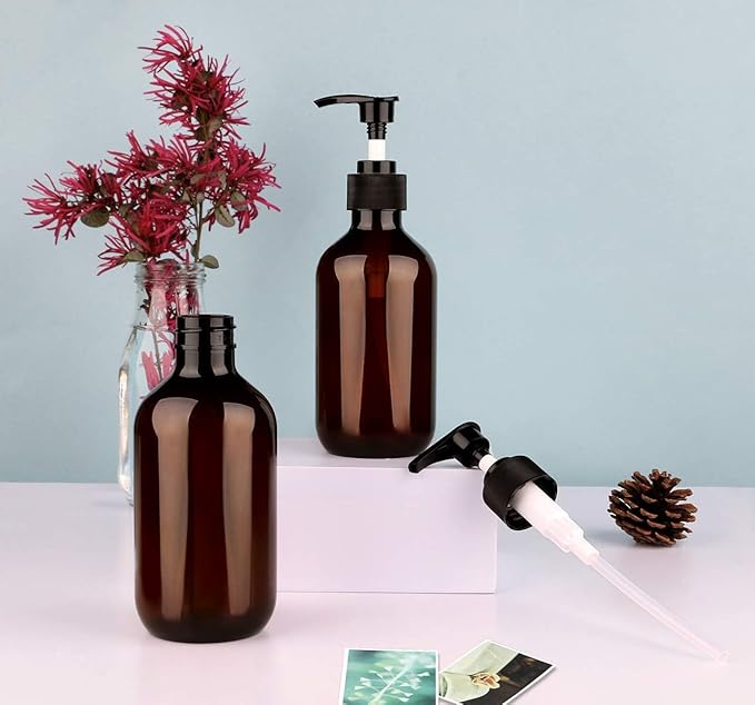 Pump Bottle Dispenser, Yebeauty 10oz/300ml Empty Plastic Shower Refillable Dispenser Soap Shampoo Pump Dispenser Containers with Pump Multipurpose for Cosmetic Kitchen Bathroom, 2-Pack Green and Brown