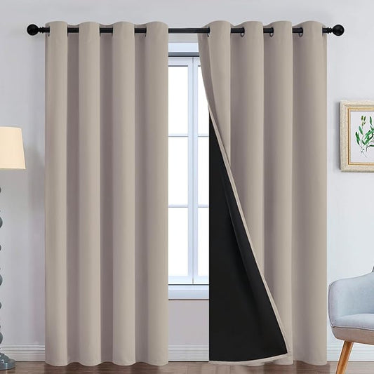 Yakamok 100% Blackout Curtains 96 Inches Long, 2 Thick Layers Heat and Full Light Blocking Soft Thermal Insulated Drapes for Bedroom(52" Wide Each Panel, Natural, 2 Panels)