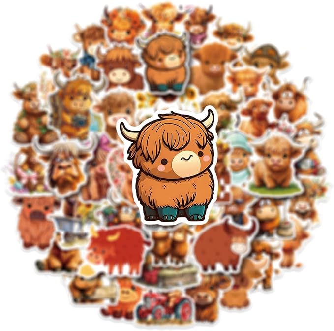 50Pcs Yak Stickers, Cute Cattle Stickers for Kids Teens, Vinyl Cartoon Highland Cow Sticker for Water Bottle Laptop Scrapbook Decor Incentive School Classroom Rewards Gift Party Favor Supplies