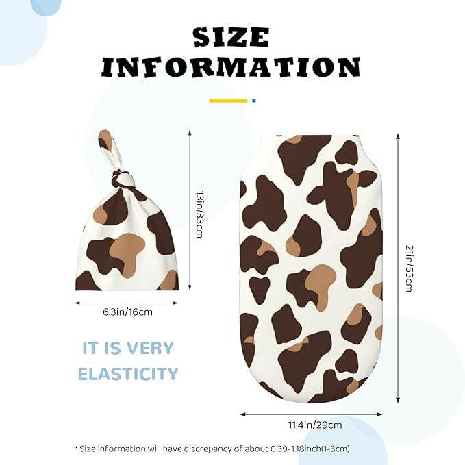Newborn Swaddle Blankets and Hat Set Soft Cotton Baby Swaddle Wrap Warm Infant Receiving Blanket Cow Print-7