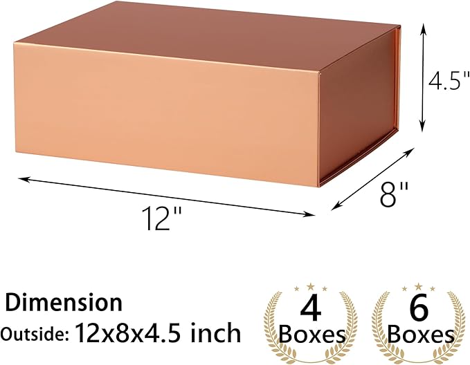 MUMUPACK 4 Pack Rose Gold Gift Boxes With Lids,12x8x4.5 Inch Bridesmaid Proposal Box And Printable Stickers,Proposal Boxes With Ribbon For Wedding, Packaging, Present, Birthday