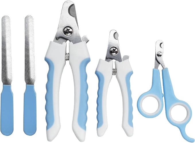 5Pcs Dogs and Cats Grooming Nail Clippers Kit Pet Claws Nail Clipper Trimmers, with Protective Guard Lock to Avoid Over Cutting, Professional Trimmers for Large and Small Cat and Dog (Blue)