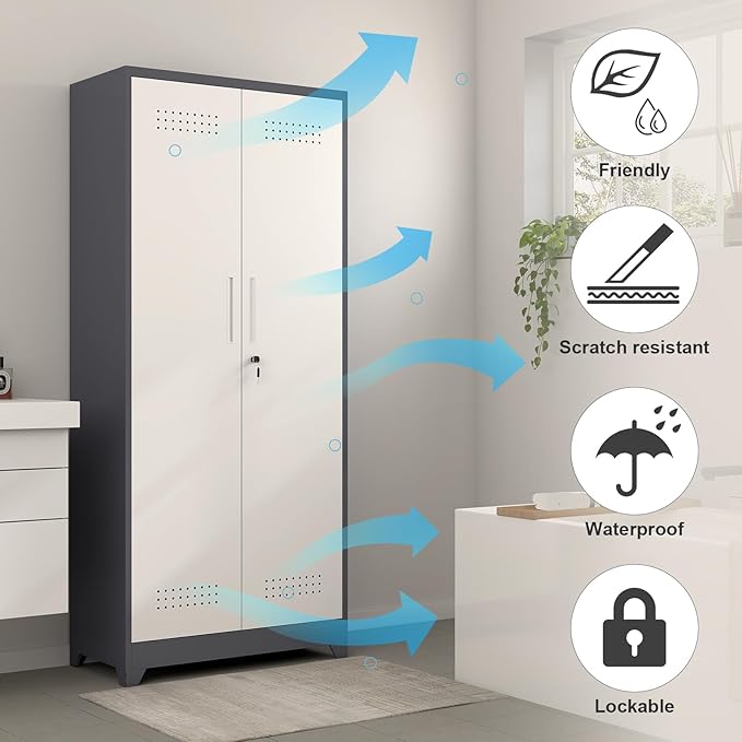 GREATMEET Metal Garage Storage Cabinet, 73" H Broom Closet Storage Cabinet, Locking Utility Cabinet with Doors and Shelves for Garage, Home, Grey White