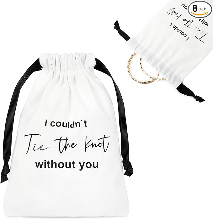 CEELGON 8 Pcs Drawstring Jewelry Pouch Bridesmaid Gift Bags Linen Cotton Fabric Wedding Bridal Party Favor Bags Bachelorette Tie The Knot Earring Packaging Proposal Gift (White)