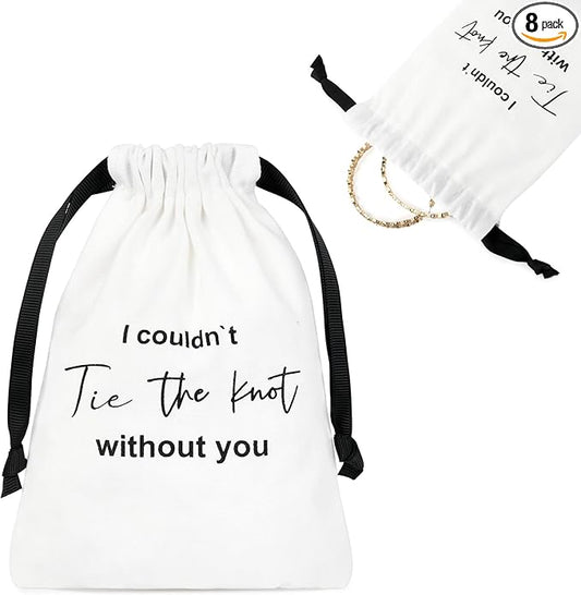 CEELGON 8 Pcs Drawstring Jewelry Pouch Bridesmaid Gift Bags Linen Cotton Fabric Wedding Bridal Party Favor Bags Bachelorette Tie The Knot Earring Packaging Proposal Gift (White)