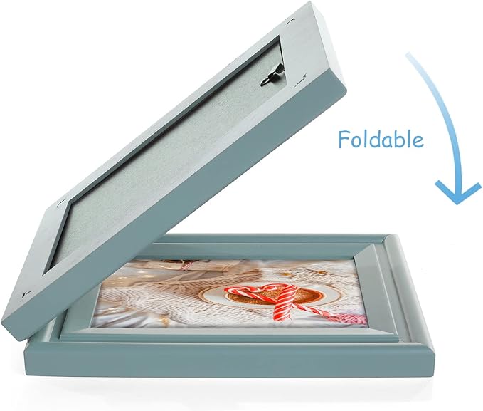 4x6 Double Horizontal Hinged Picture Frame Folding Photo Frame in Teal Blue Pine Wood with Real Glass for Tabletop X2-LAN-2H46
