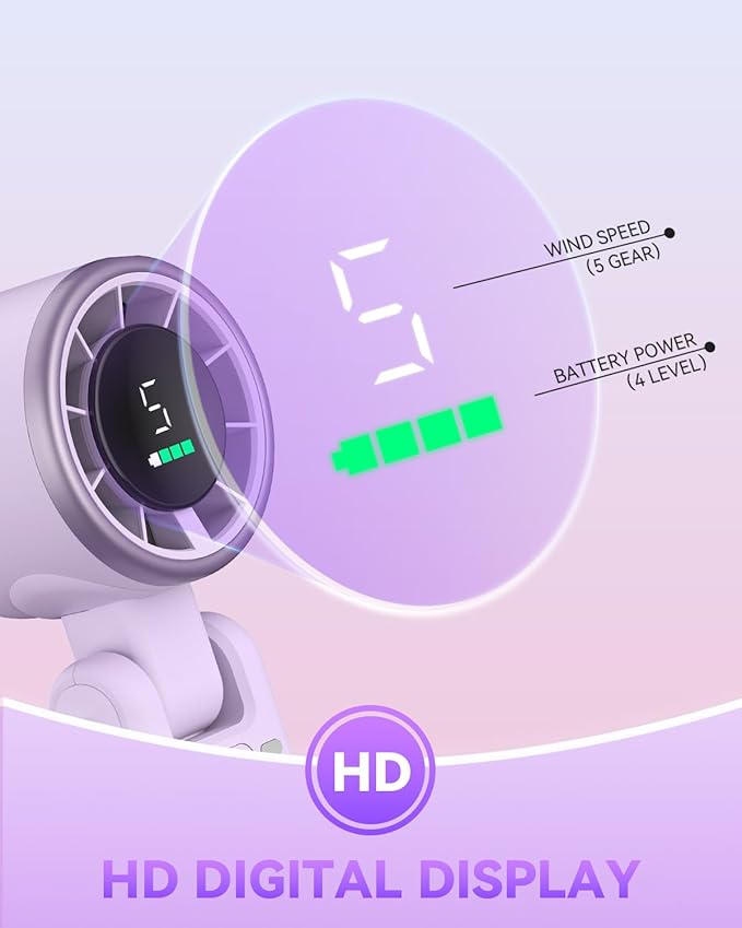 Portable Handheld Turbo Fan, 5-Speed Personal Fans, 5000mAh Rechargeable Fans Up to 12 Hours, Weight only 0.6lb Small Fan, Hand/Neck/Desk Fan 3 IN 1, Beach Vacation Essentials(Purple)