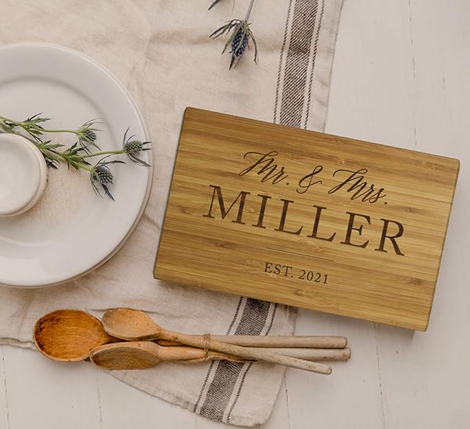 Andaz Press Personalized Laser Engraved Small Bamboo Wood Cutting Board, 9.5 x 6-inch, Mr. & Mrs. Last Name and Date, Custom