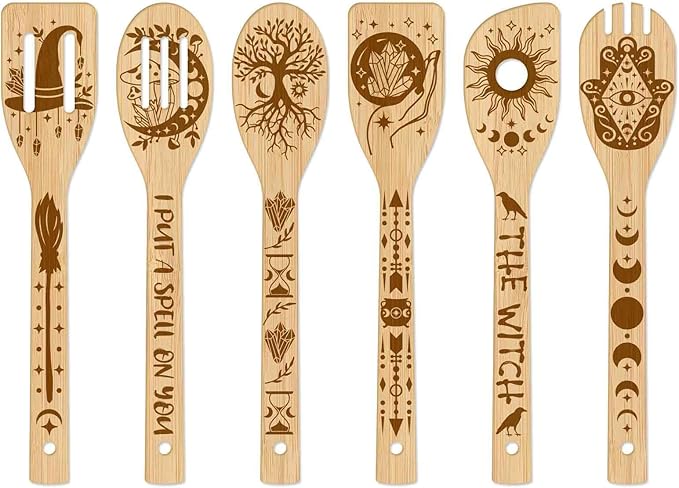 GLOBLELAND 6Pcs Magic Divination Bamboo Cooking Utensils Wooden Engraved Cooking Spoons Set Carving Kitchen Bamboo Spatula Set for Women and Men Wood Cooking Spoon for Kitchen Fun House Warming Gift